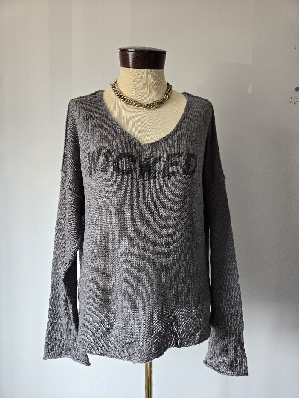 Wooden Ships Wool And Mohair Gray 'WICKED' V-Neck Knit Sweater. Size Large